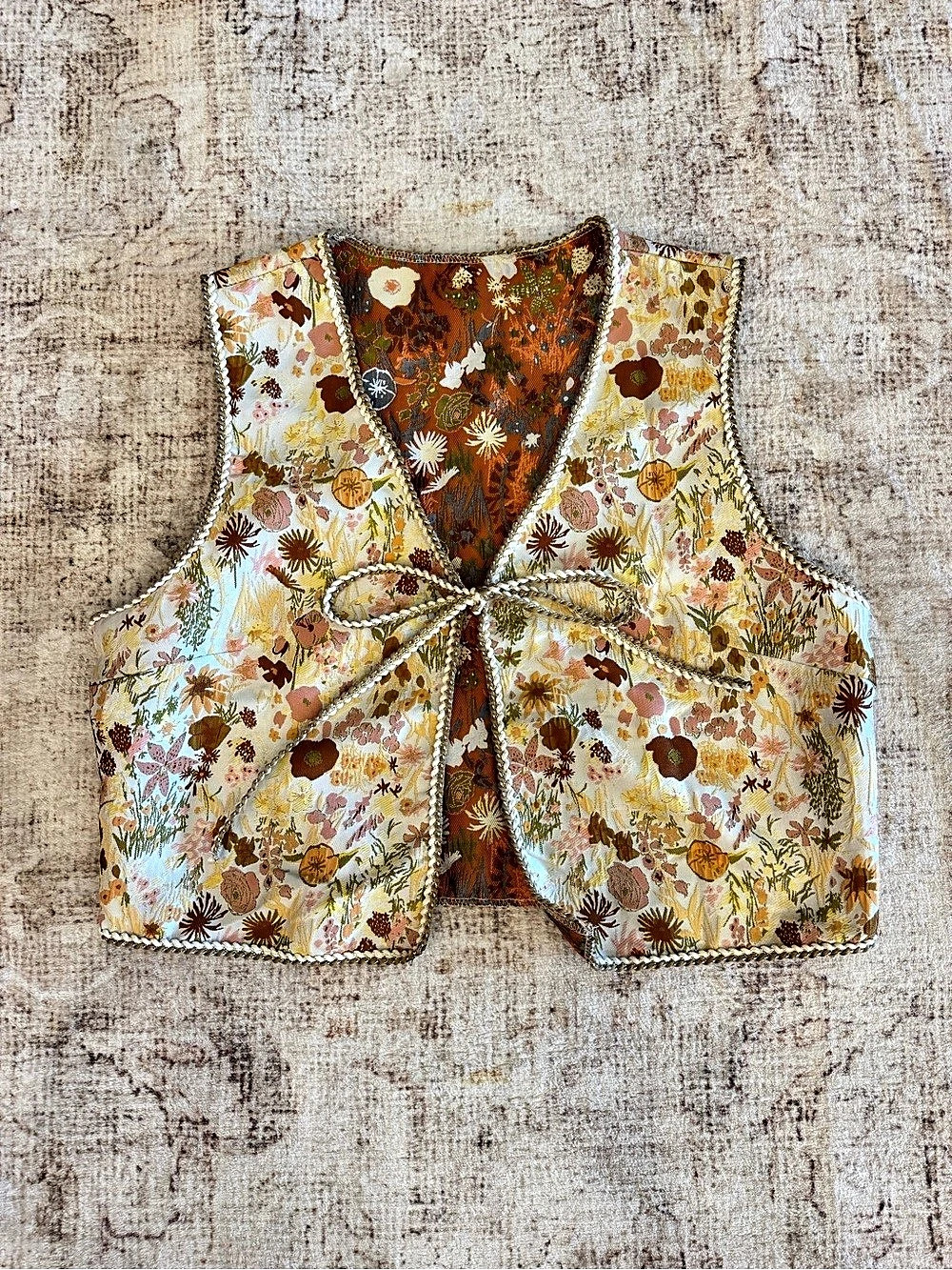 Floral Tie-Front Vest in Cream & Brown NWT